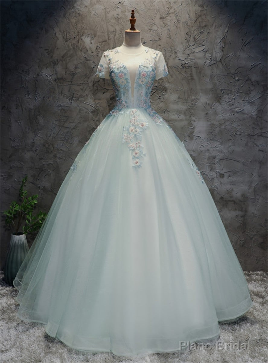 Light Blue Tulle Backless Short Sleeve Appliques Quinceanera Dress Main image
