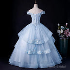 Light Blue Tulle Ball Gown Off Shoulder Sweet 16 Dress Blue Formal Dress with Lace prom dresses shops