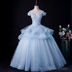 Light Blue Tulle Ball Gown Off Shoulder Sweet 16 Dress Blue Formal Dress with Lace prom dresses shops