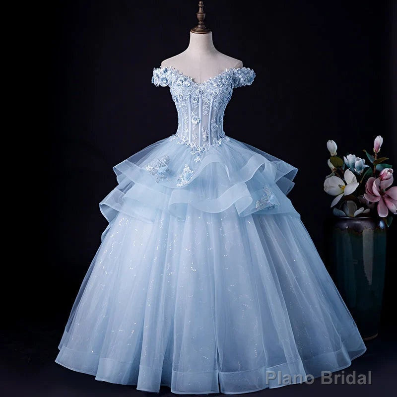 Light Blue Tulle Ball Gown Off Shoulder Sweet 16 Dress Blue Formal Dress with Lace prom dresses shops
