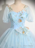 Light Blue Tulle Floor Length Prom Dress, Beautiful Short Sleeves Sweet 16 Dress