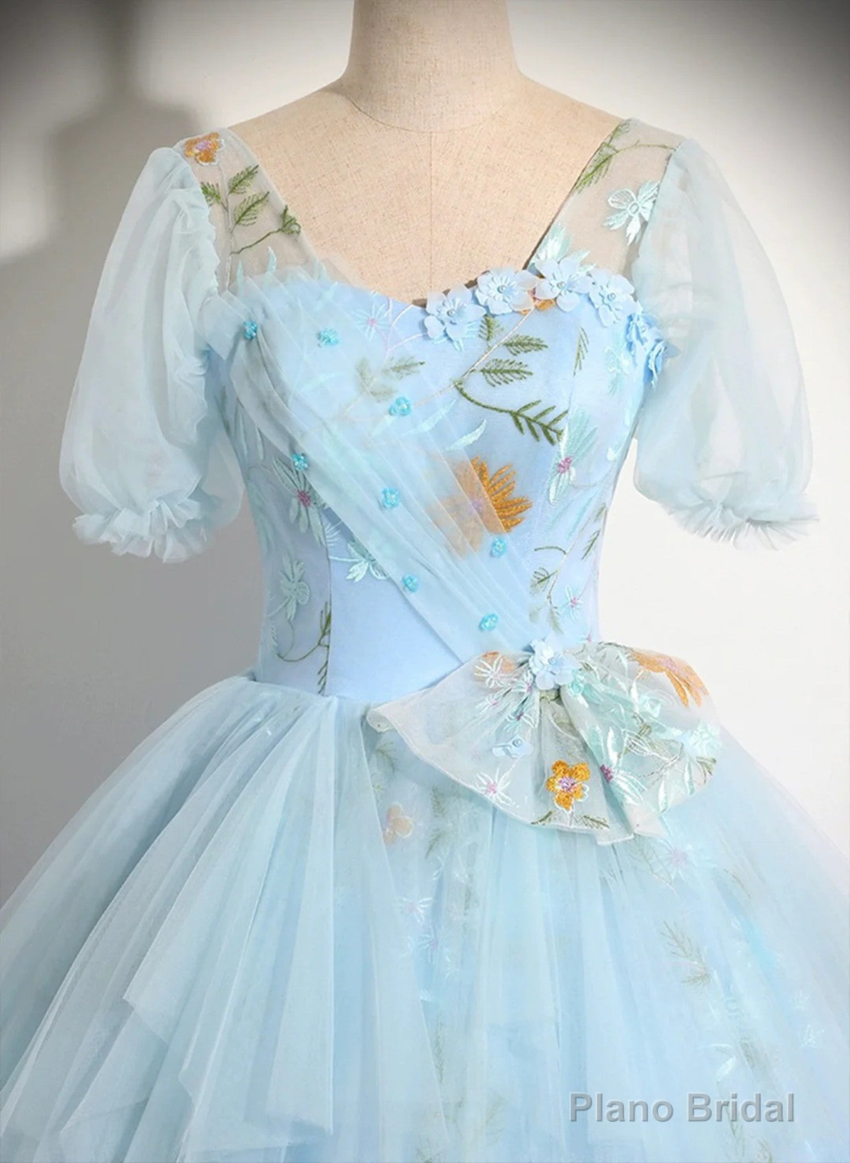 Light Blue Tulle Floor Length Prom Dress, Beautiful Short Sleeves Sweet 16 Dress Secondary image