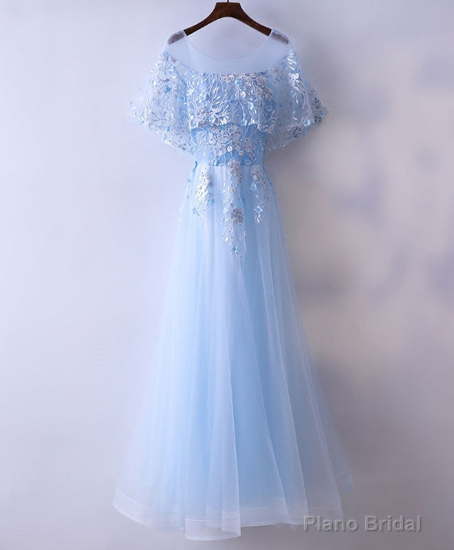 Light Blue Tulle Lace Long Prom Dress, Blue Lace Graduation Dress Main image