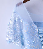 Light Blue Tulle Lace Long Prom Dress, Blue Lace Graduation Dress