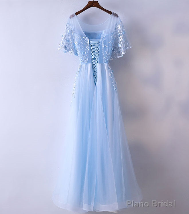 Light Blue Tulle Lace Long Prom Dress, Blue Lace Graduation Dress
