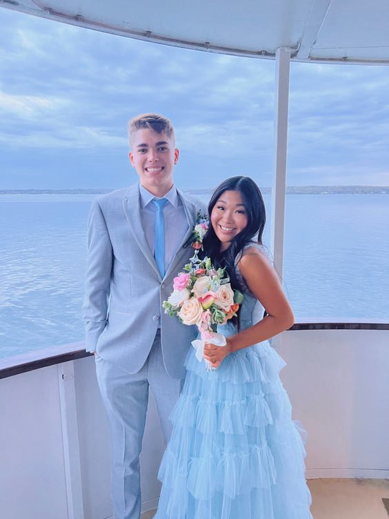 Light Blue Tulle Layered Long Formal Prom Dresses Elegant Formal Evening Dresses