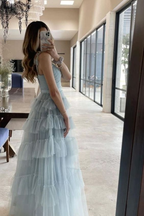 Light Blue Tulle Layered Long Formal Prom Dresses Elegant Formal Evening Dresses
