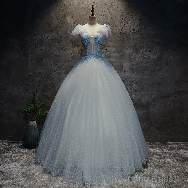 Light Blue Tulle Long Party Dress Formal Dress, Blue Tulle Formal Dress with Flowers