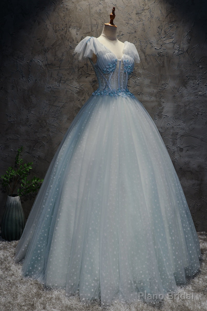 Light Blue Tulle Long Party Dress Formal Dress, Blue Tulle Formal Dress with Flowers Main image