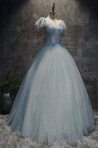 Light Blue Tulle Long Party Dress Formal Dress, Blue Tulle Formal Dress with Flowers