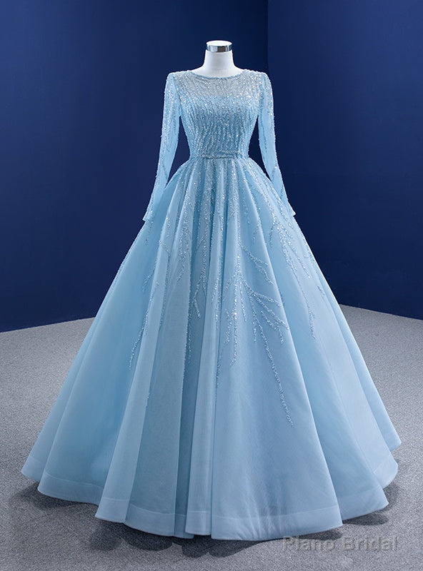 Light Blue Tulle Long Sleeve Sequins Prom Dress Main image