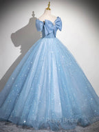 Light Blue Tulle Sequins Long Formal Prom Dresses, A-Line Off Shoulder Evening Dresses
