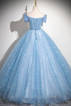 Light Blue Tulle Sequins Long Formal Prom Dresses, A-Line Off Shoulder Evening Dresses