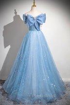 Light Blue Tulle Sequins Long Formal Prom Dresses, A-Line Off Shoulder Evening Dresses