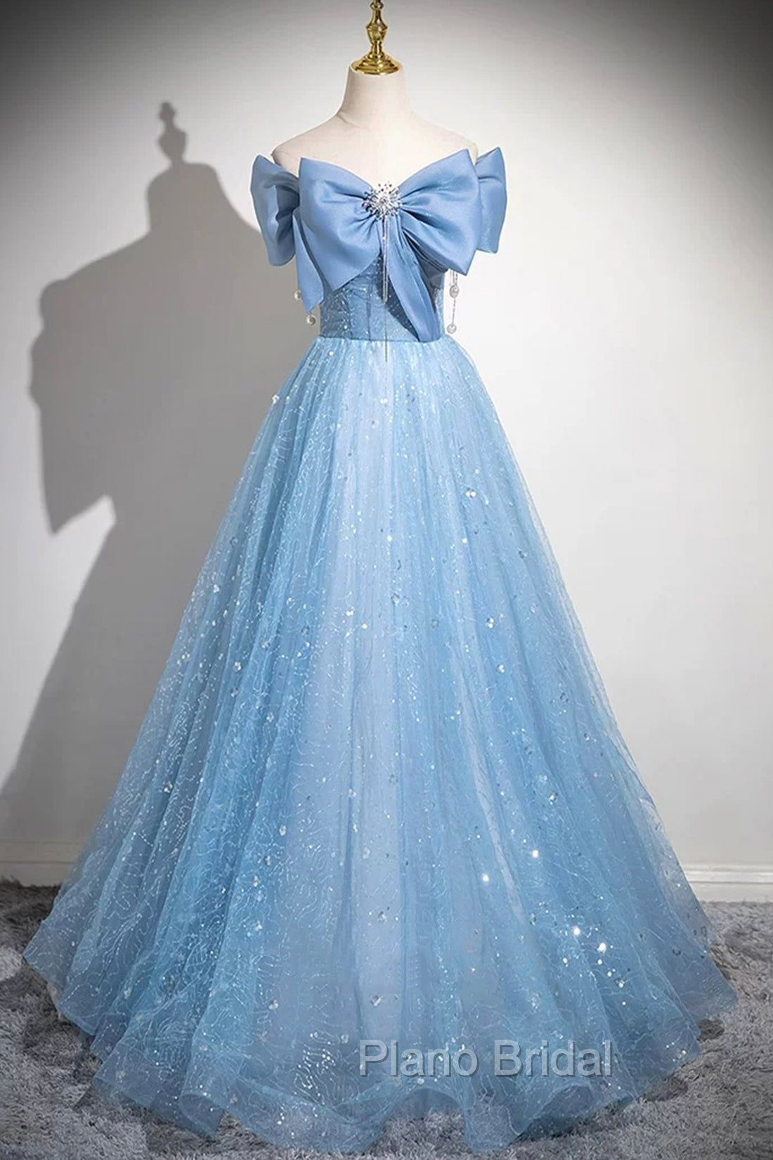Light Blue Tulle Sequins Long Formal Prom Dresses, A-Line Off Shoulder Evening Dresses