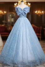 Light Blue Tulle Sequins Long Formal Prom Dresses, A-Line Off Shoulder Evening Dresses