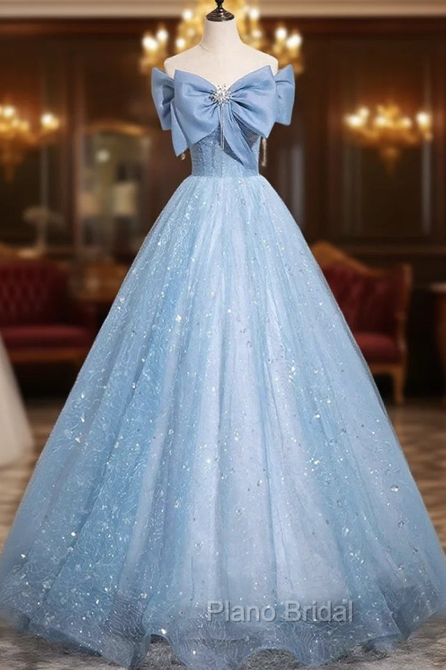 Light Blue Tulle Sequins Long Formal Prom Dresses, A-Line Off Shoulder Evening Dresses