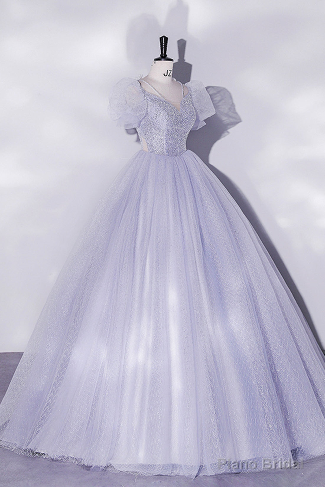 Light Blue Tulle Sequins Prom Dress, Scoop Neck Short Sleeve Puffy Floor-Length Evening Dress Main image