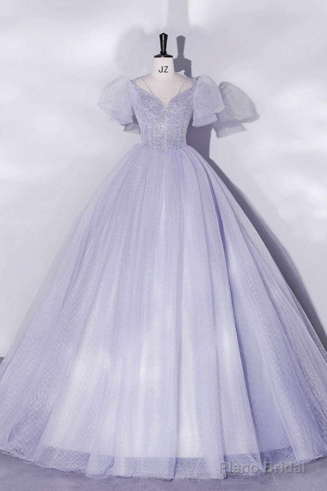 Light Blue Tulle Sequins Prom Dress, Scoop Neck Short Sleeve Puffy Floor-Length Evening Dress Secondary image