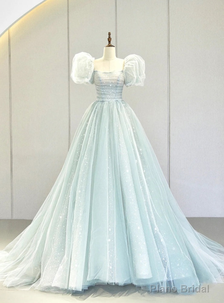 Light Blue Tulle Sequins Puff Sleeve Prom Dress Main image