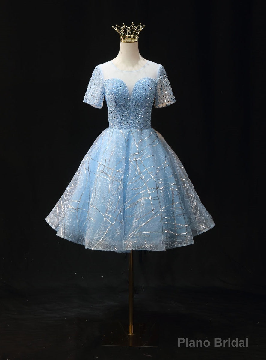 Light Blue Tulle Sequins Short Sleeve Homecoming Dress Main image