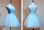 Light Blue Tulle Short Party Dresses With Lace Applique, V-Neckline Homecoming Dresses