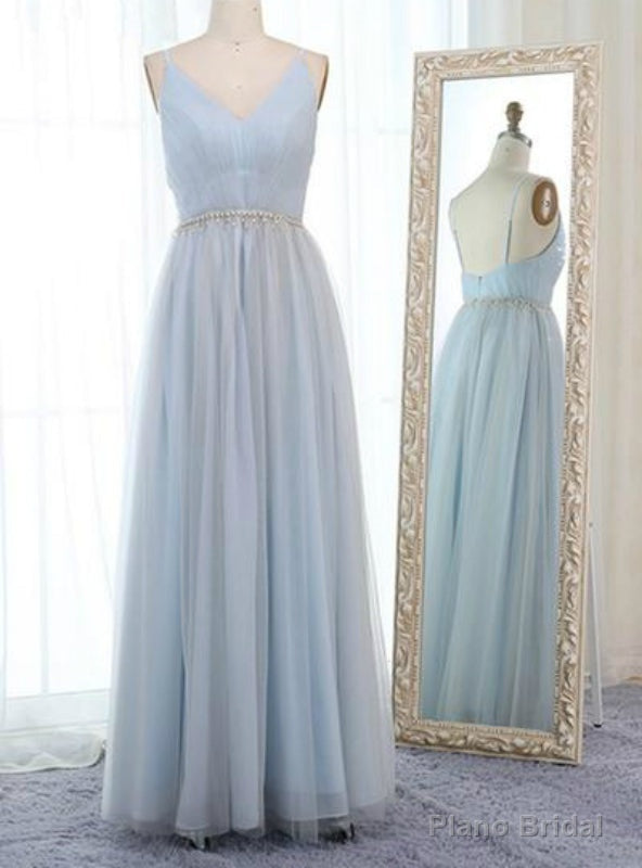 Light Blue Tulle Spaghetti Straps Backless Pleats Prom Dress With Beading Main image