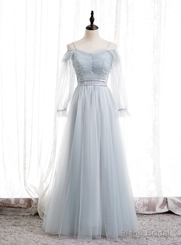 Light Blue Tulle Spaghetti Straps Long Sleeve Pleats Prom Dress Main image