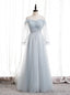 Light Blue Tulle Spaghetti Straps Long Sleeve Pleats Prom Dress