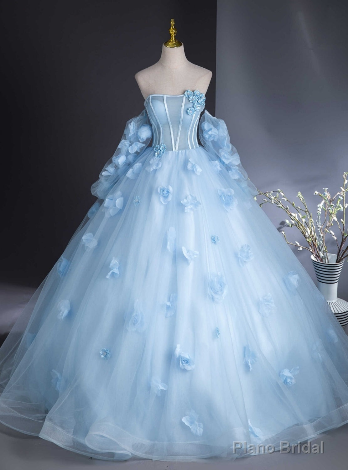 Light Blue Tulle Strapless Long Sleeve 3D Flower Quinceanera Dress Main image