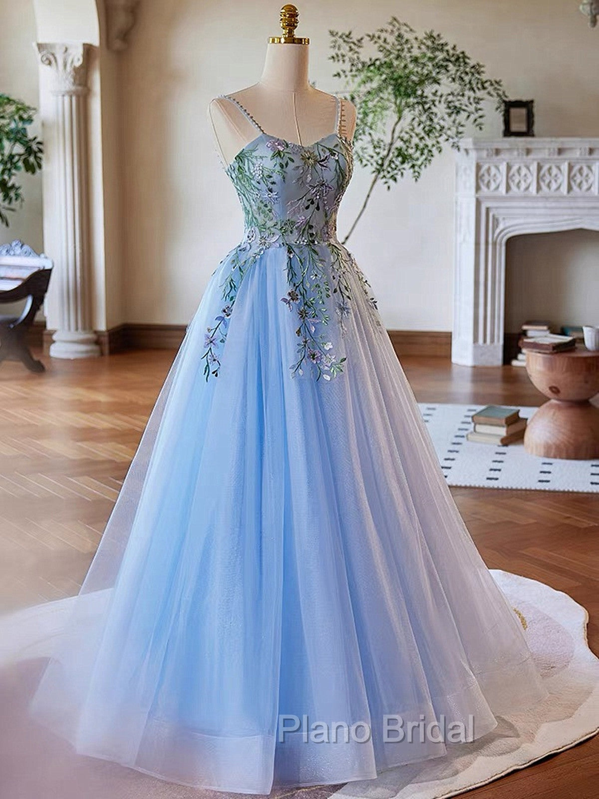 Light Blue Tulle Straps With Lace Applique Formal Prom Dresses, Light Blue Party Dresses
