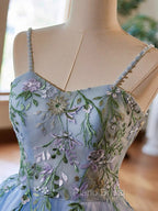 Light Blue Tulle Straps With Lace Applique Formal Prom Dresses, Light Blue Party Dresses