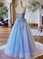 Light Blue Tulle Straps With Lace Applique Formal Prom Dresses, Light Blue Party Dresses