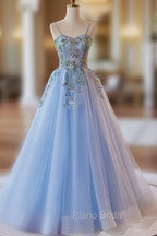 Light Blue Tulle Straps With Lace Applique Formal Prom Dresses, Light Blue Party Dresses