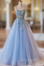 Light Blue Tulle Straps With Lace Applique Formal Prom Dresses, Light Blue Party Dresses