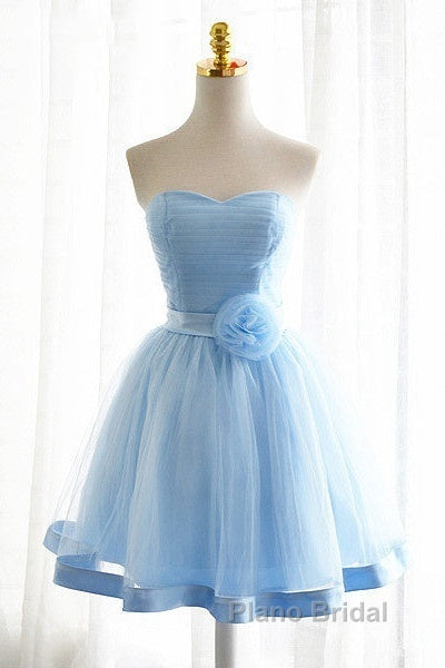 Light Blue Tulle Sweetheart With Bow Cute Party Dresses, Blue Short Homecoming Dresses Formal Prom Dresses