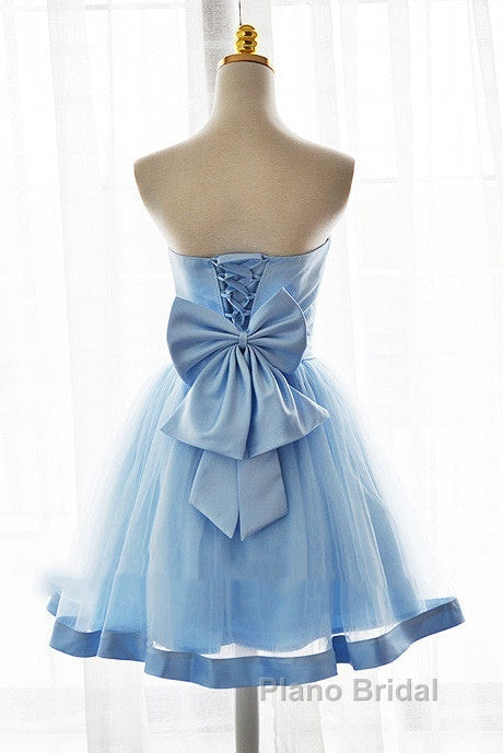 Light Blue Tulle Sweetheart With Bow Cute Party Dresses, Blue Short Homecoming Dresses Formal Prom Dresses