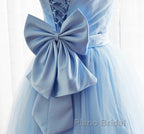 Light Blue Tulle Sweetheart With Bow Cute Party Dresses, Blue Short Homecoming Dresses Formal Prom Dresses