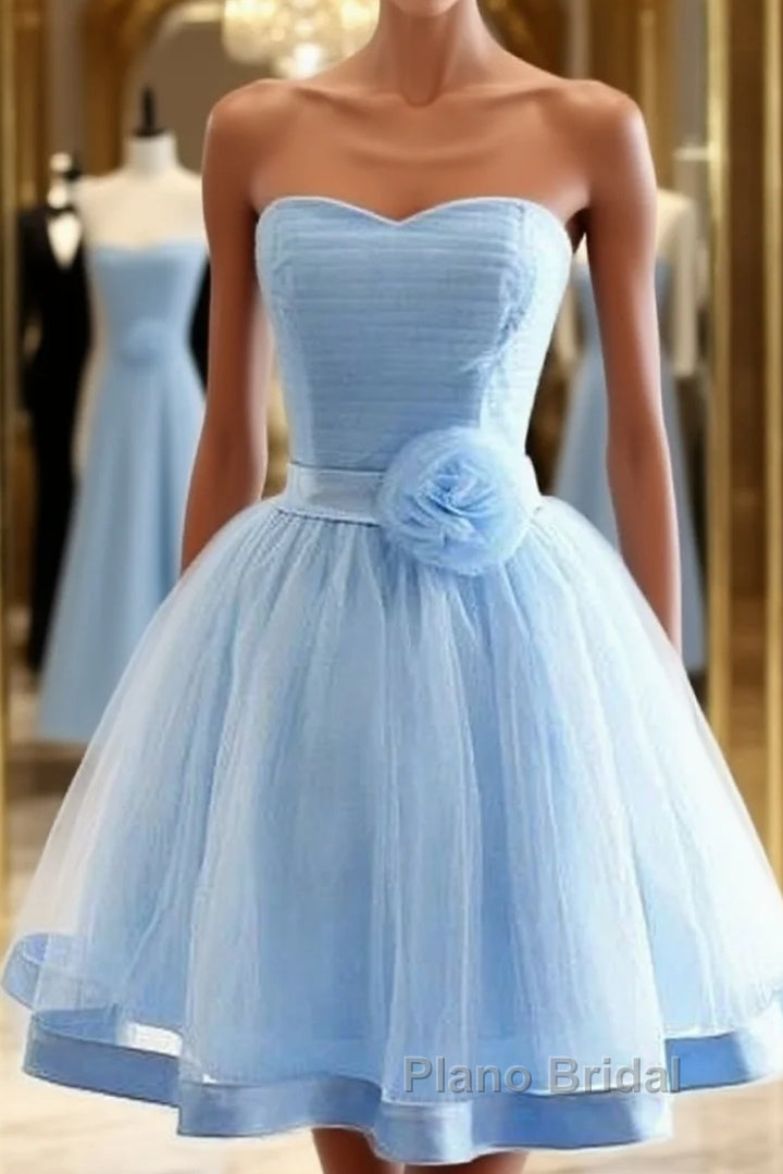 Light Blue Tulle Sweetheart With Bow Cute Party Dresses, Blue Short Homecoming Dresses Formal Prom Dresses