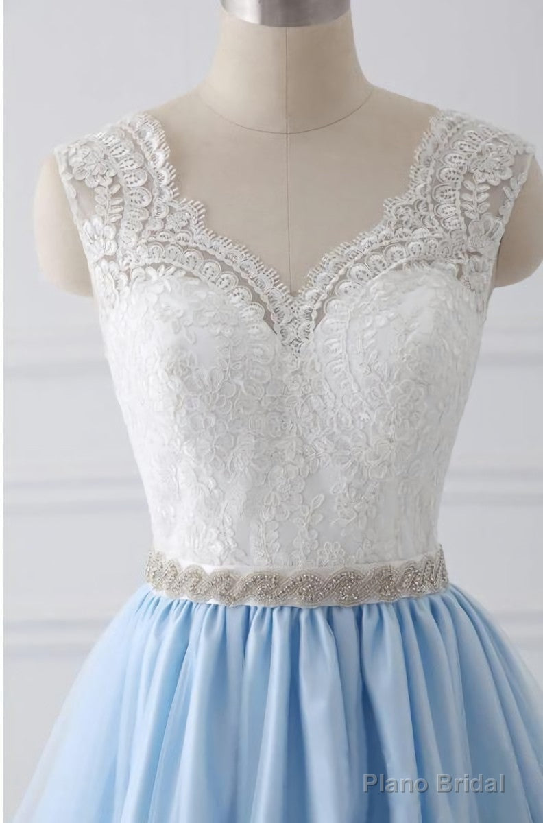 Light Blue Tulle V Back Long Party Dress with Bow, Blue Evening Dress Wedding Party Dress Secondary image
