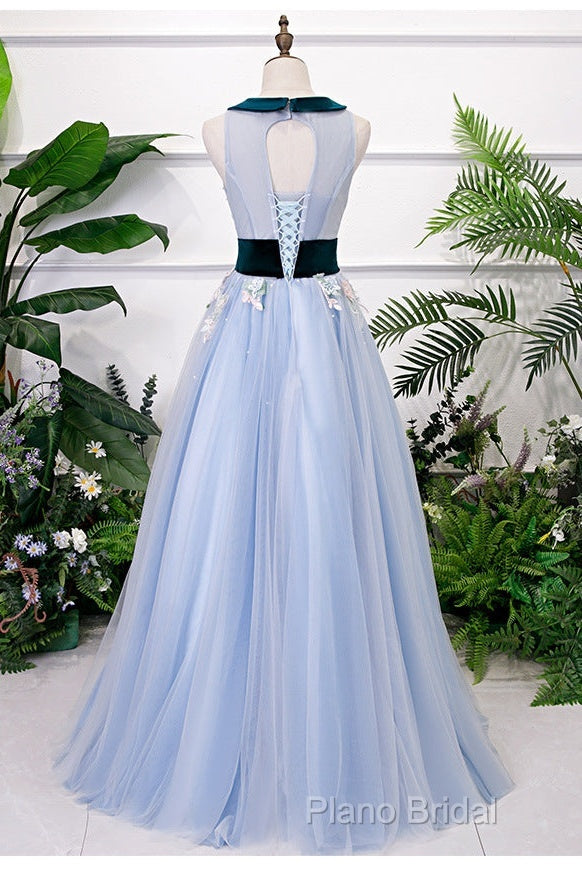 Light Blue Tulle With Flowers Lace Long Formal Dresses Formal Prom Dresses, A-Line Party Dresses