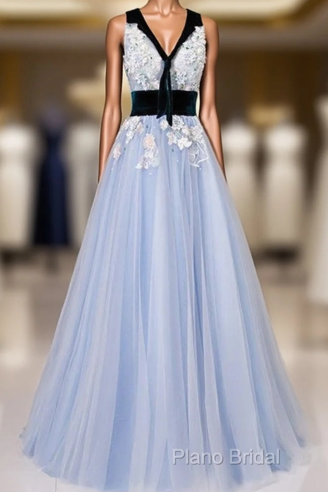 Light Blue Tulle With Flowers Lace Long Formal Dresses Formal Prom Dresses, A-Line Party Dresses Main image