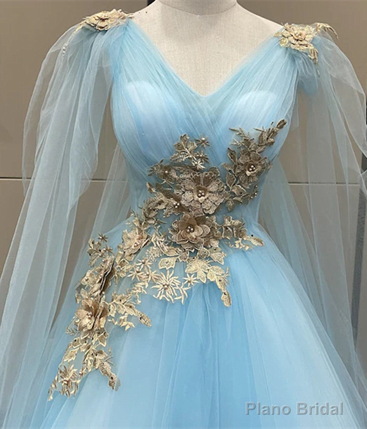 Light Blue Tulle with Gold Lace Applique Party Dress, Light Blue Prom Dress Secondary image