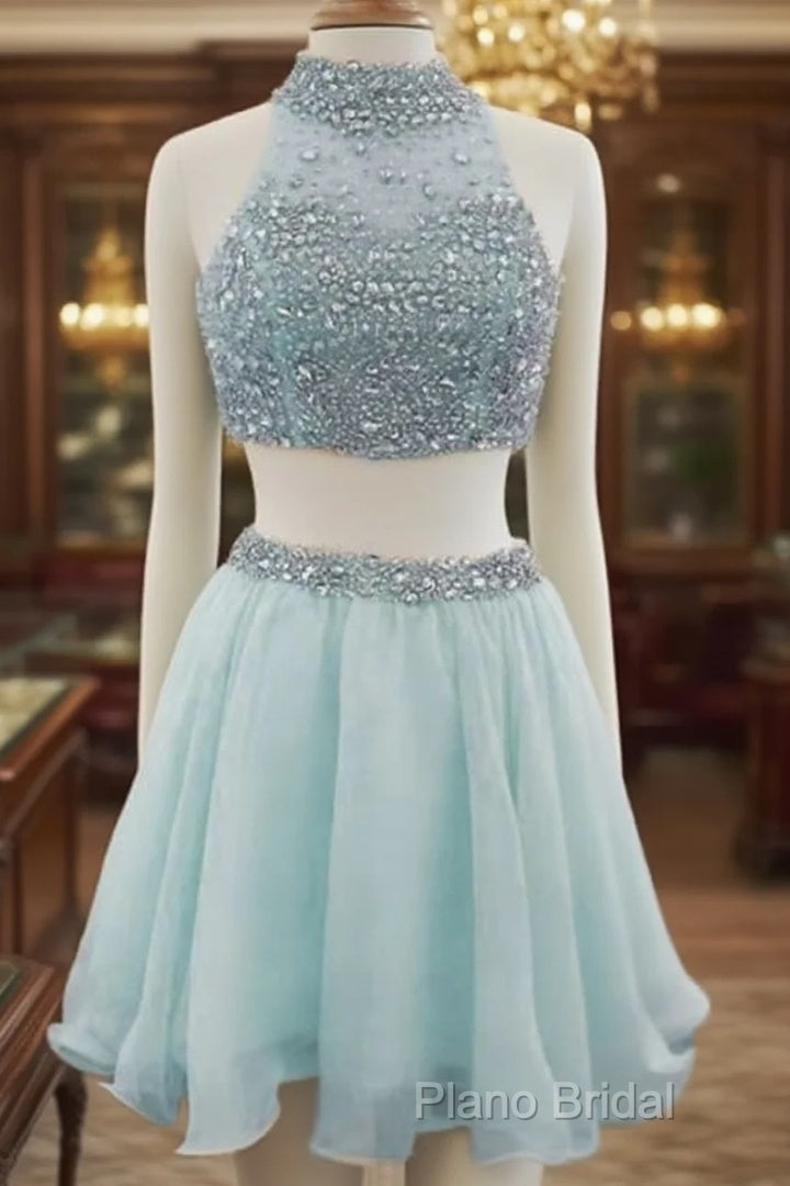 Light Blue Two Piece Homecoming Dresses Beaded Halter Main image