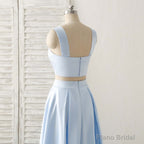 Light Blue Two Pieces Satin Long Prom Dress Simple Evening Dress
