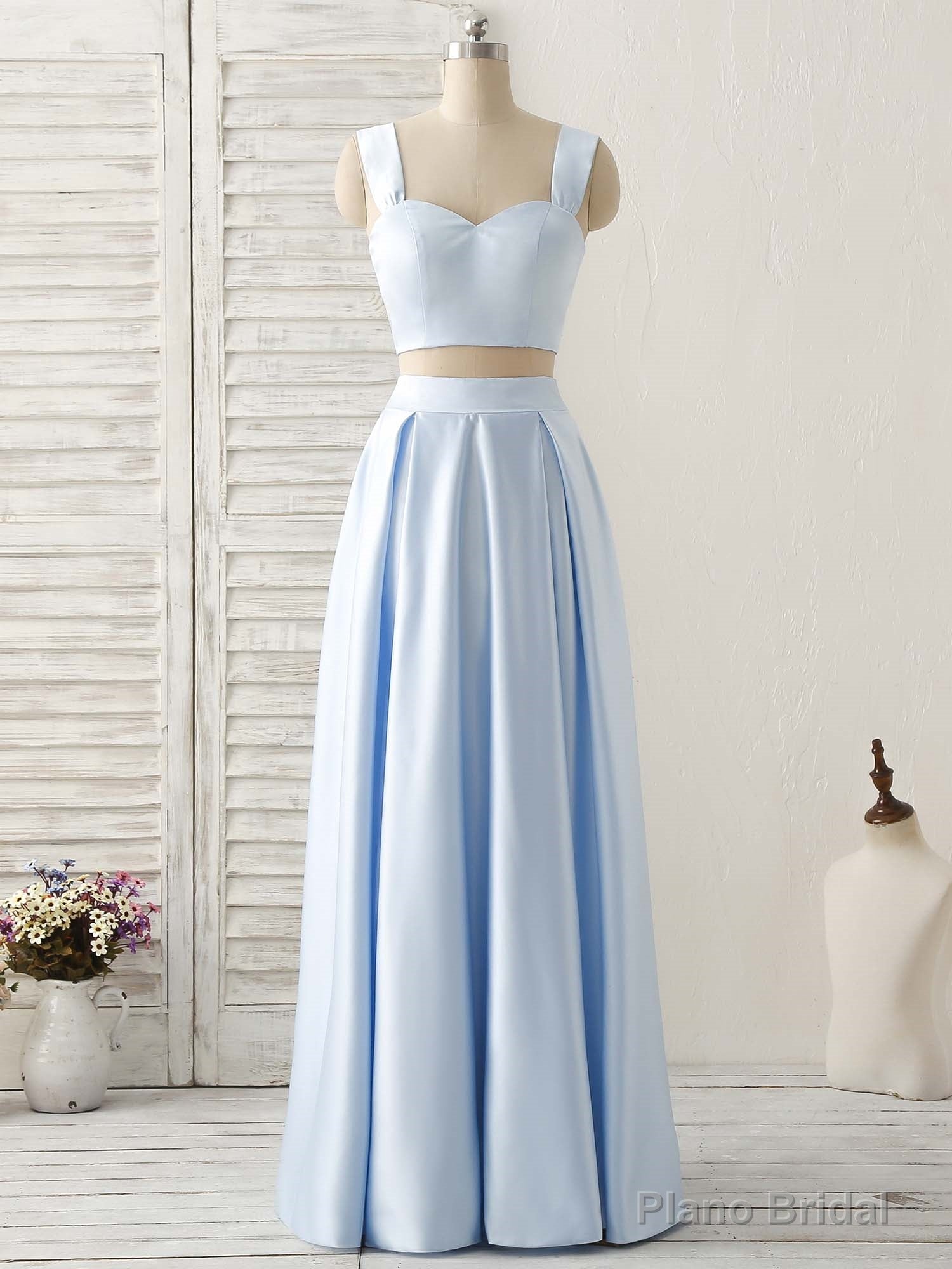 Light Blue Two Pieces Satin Long Prom Dress Simple Evening Dress Main image