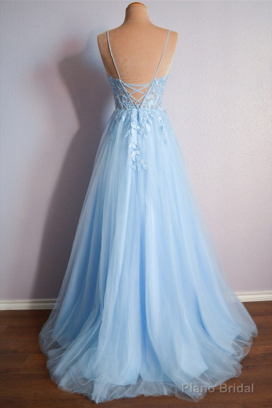 Light Blue V Neck Lace-Up Appliques Tulle Long Prom Dress Secondary image