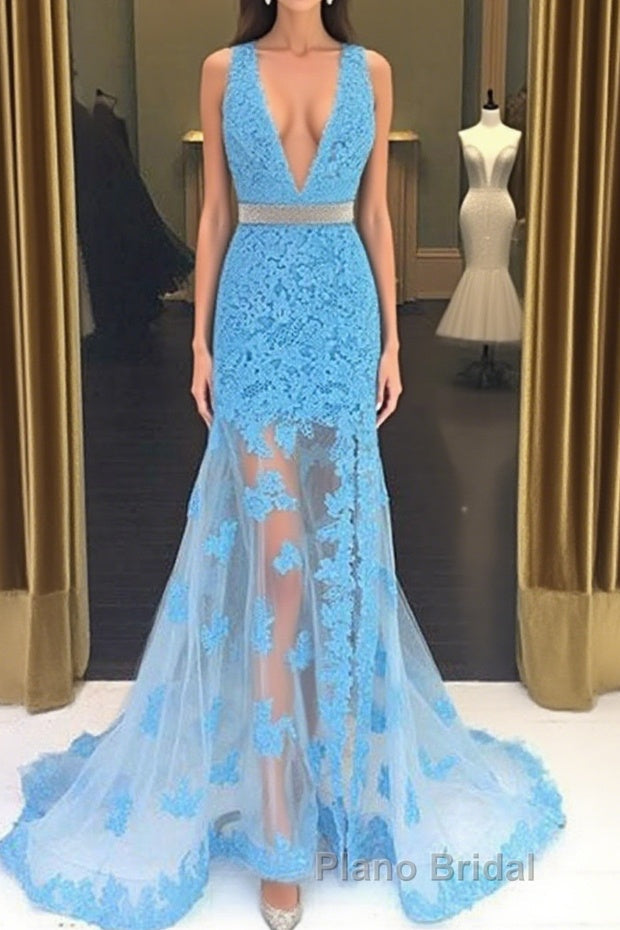 Light Blue V Neck Mermaid Lace Applique Long Formal Prom Dresses, Lace Blue Formal Dresses, Evening Dresses Main image