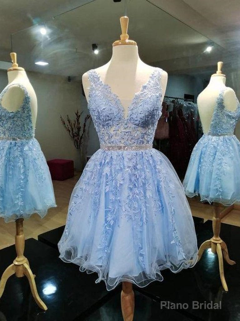 Light Blue V-neckline Knee Length Short Party Dress, Blue Homecoming Dresses