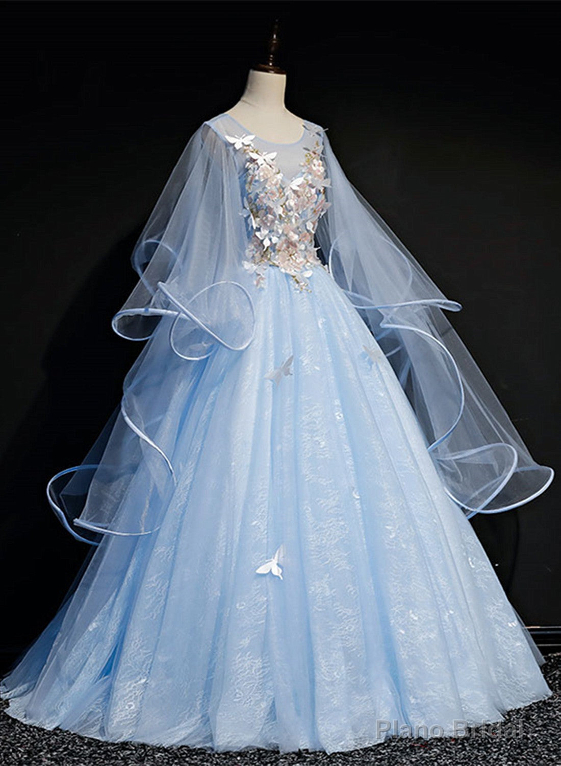 Light Blue with Flowers and Butterflies Formal Dress, Blue Sweet 16 Dresses Secondary image